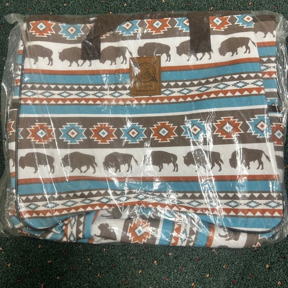 St Labre Indian School 14” Tote Bag Buffalo Brown/Blue/White